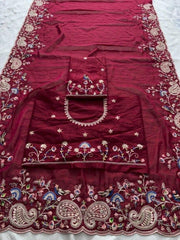 Party-wear Soft Tabby Silk Padding Embroidery Cutwork Saree