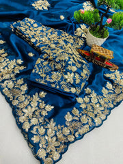 Beautiful Pure Rangoli Silk Embroidery Work Saree