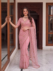 Party-wear Net Beads Sequence & Pearl Embroidery Work Saree
