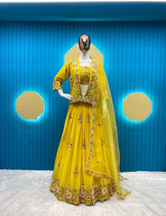 Beautiful Chinon Silk Multi Thread Sequence Embroidery Work Lehenga With Koti