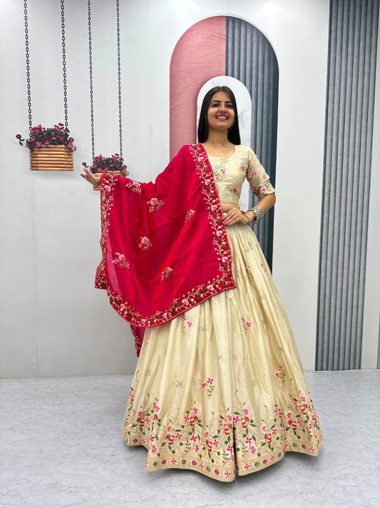 Festive Special Chinon Silk Embroidery Thread Sequence Work Lehenga With Stitched Blouse