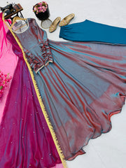 Party-wear Fendy Silk Gown Pant & Dupatta Set