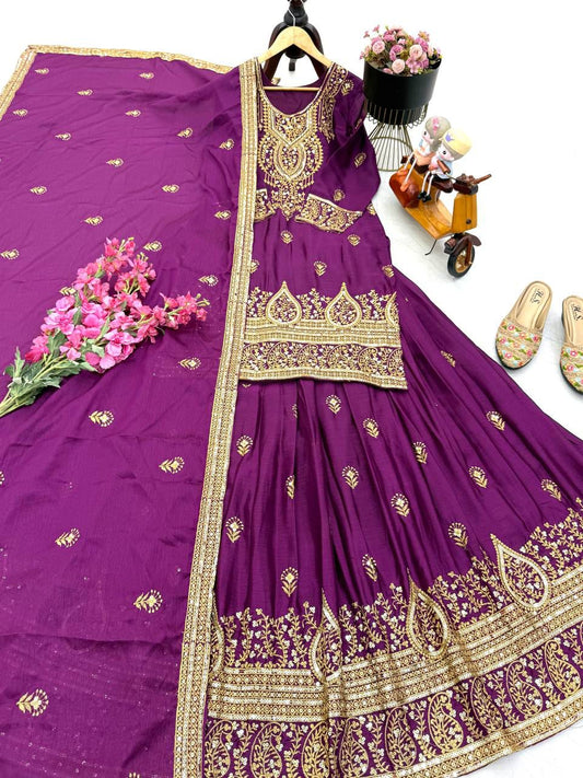 Party-wear Chinon Silk Embroidery Sequence Work Top With Lehenga