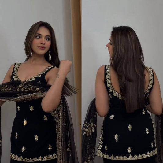 Festive Ready Black Palazzo Set With Fancy Lace & Embroidery Work
