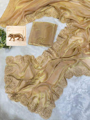 Party-wear Designer Fendy Satin Silk khatli Cut Dana Handwork Saree