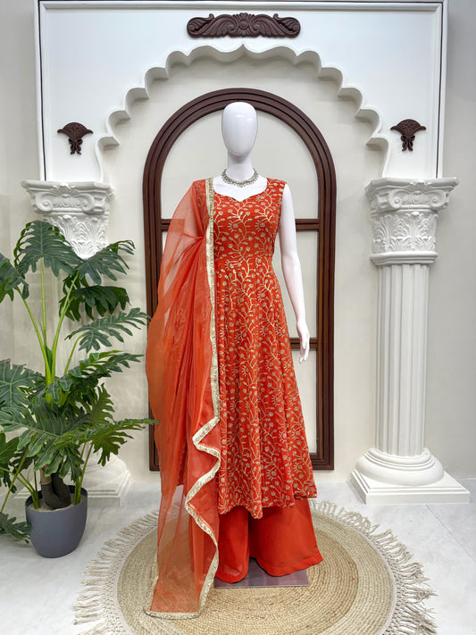 Ethnic Georgette Thread & Sequence Work Gown With Palazzo Set
