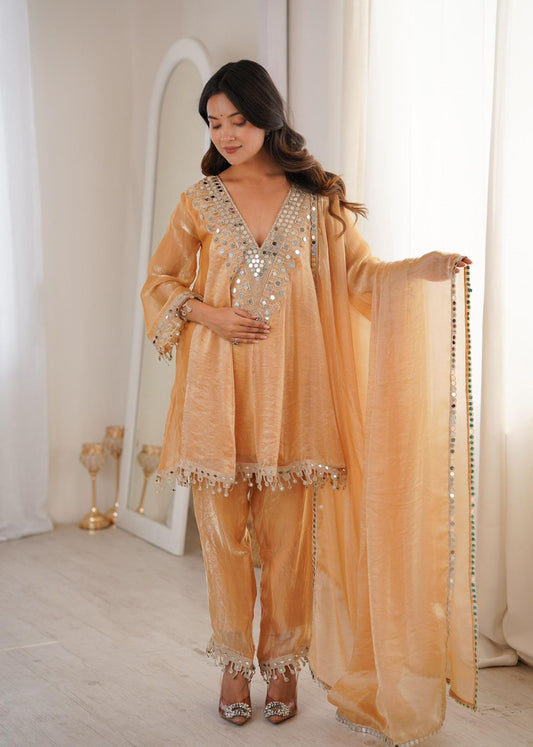 Trendy Stylish Fendy Kurti With Real Mirror Embroidered Work Bottom Dupatta
