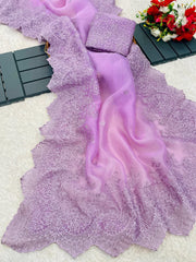 Party-wear Organza Silk Handcrafted Embroidery Work Saree
