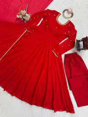 Elegant Ethnic Red Georgette Hand-Work & Stone Work Gown