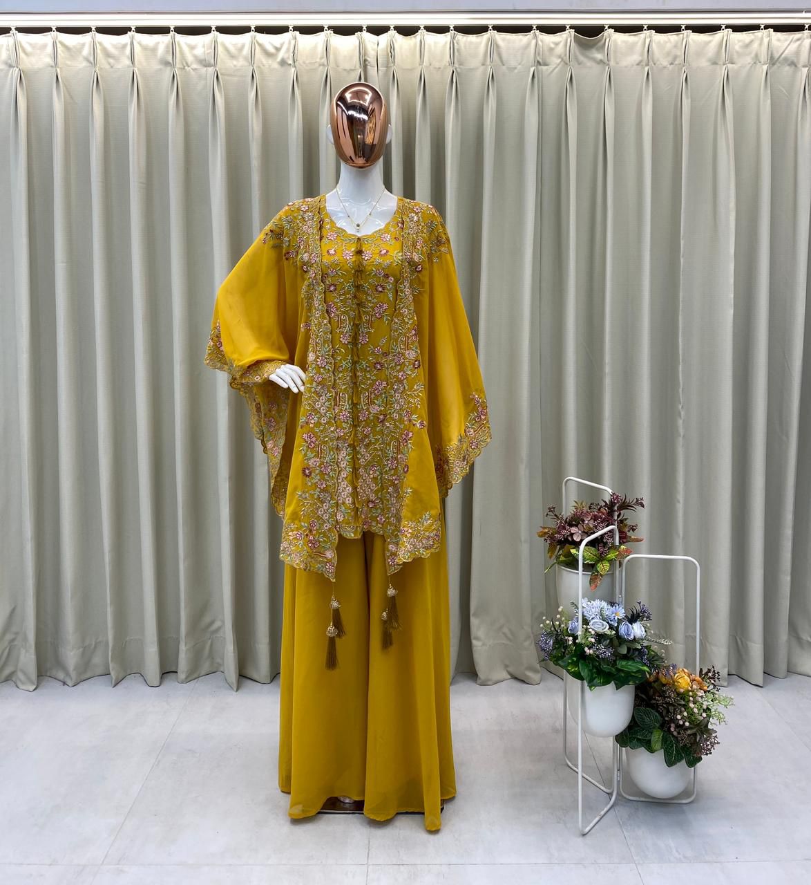 Indo Western Georgette Sequence Embroidery Work Kurta Palazzo With Shrug