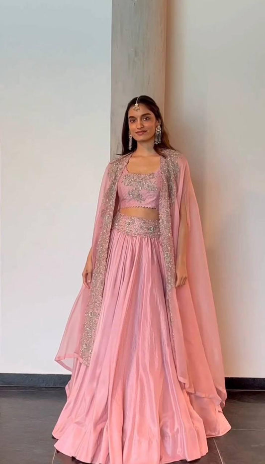 Party-wear Chinon Silk Thread With Sequence Work Lehenga Choli With Shrug