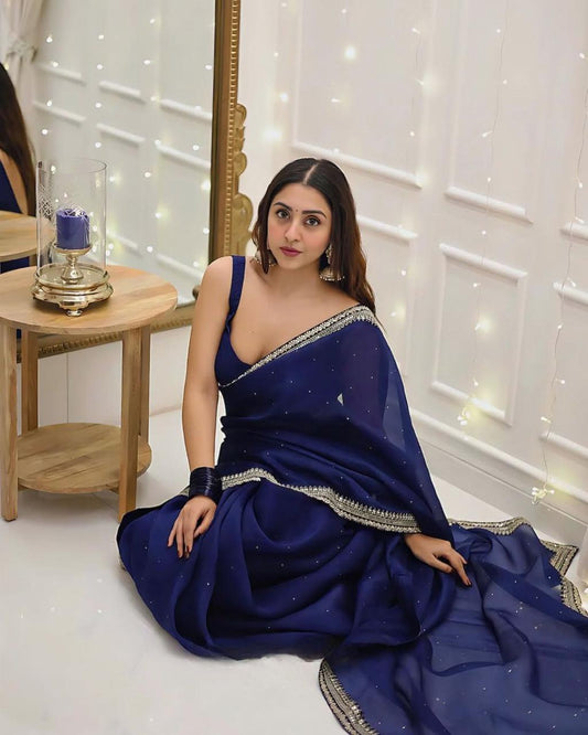 Beautiful Blue Party-wear Beautiful Organza Silk & Designer Saree
