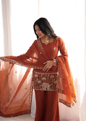 Trendy Rust Crunchy Silk Embroidery Sequence Work Sharara