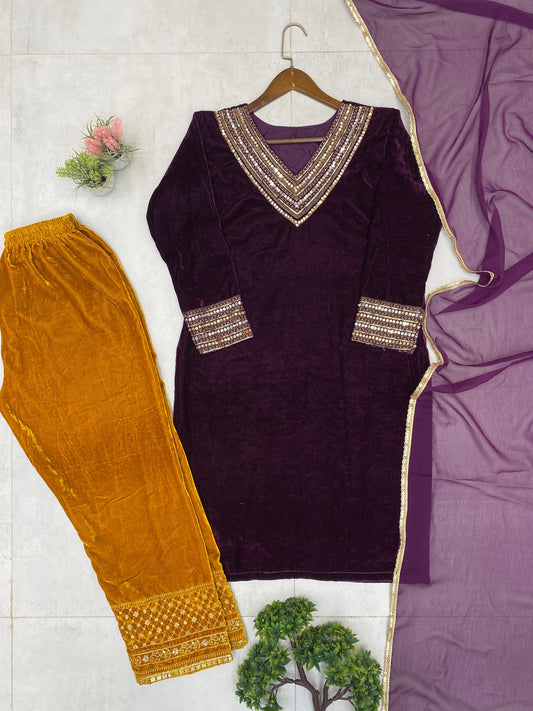 Winter Special Velvet Sequence Embroidery Work Real Mirror Work Suit