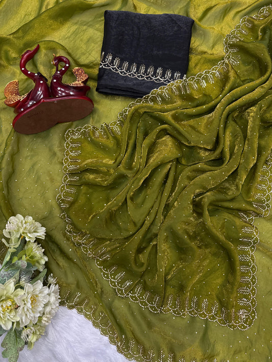 Party-wear Designer Pure Space Silk Zarkhan Diamond Work Saree