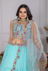 Stylish Sky Blue Pleated With Multi-Thread Sequins Work Lehenga Choli