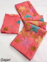 Party-wear Viscose Crunchy Silk Floral Design Embroidery Thread Work Saree