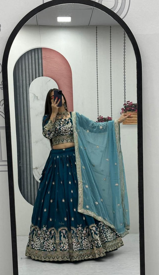 Festival Special Vichitra Silk Embroidery Thread & Sequence Work Lehenga With Stitched Blouse