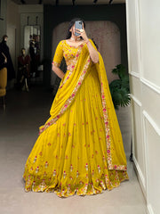 Ethnic Yellow Georgette Sequence Thread & Embroidery Work Lehenga Choli