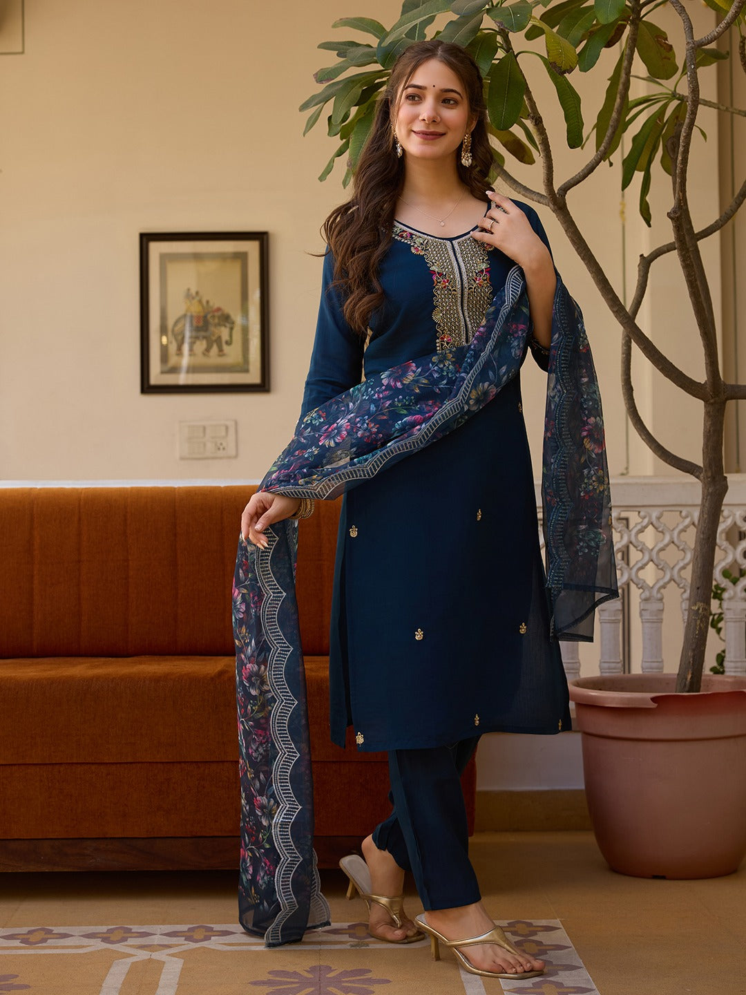Beautiful Viscose Chanderi Embroidery With Beads Work Dress
