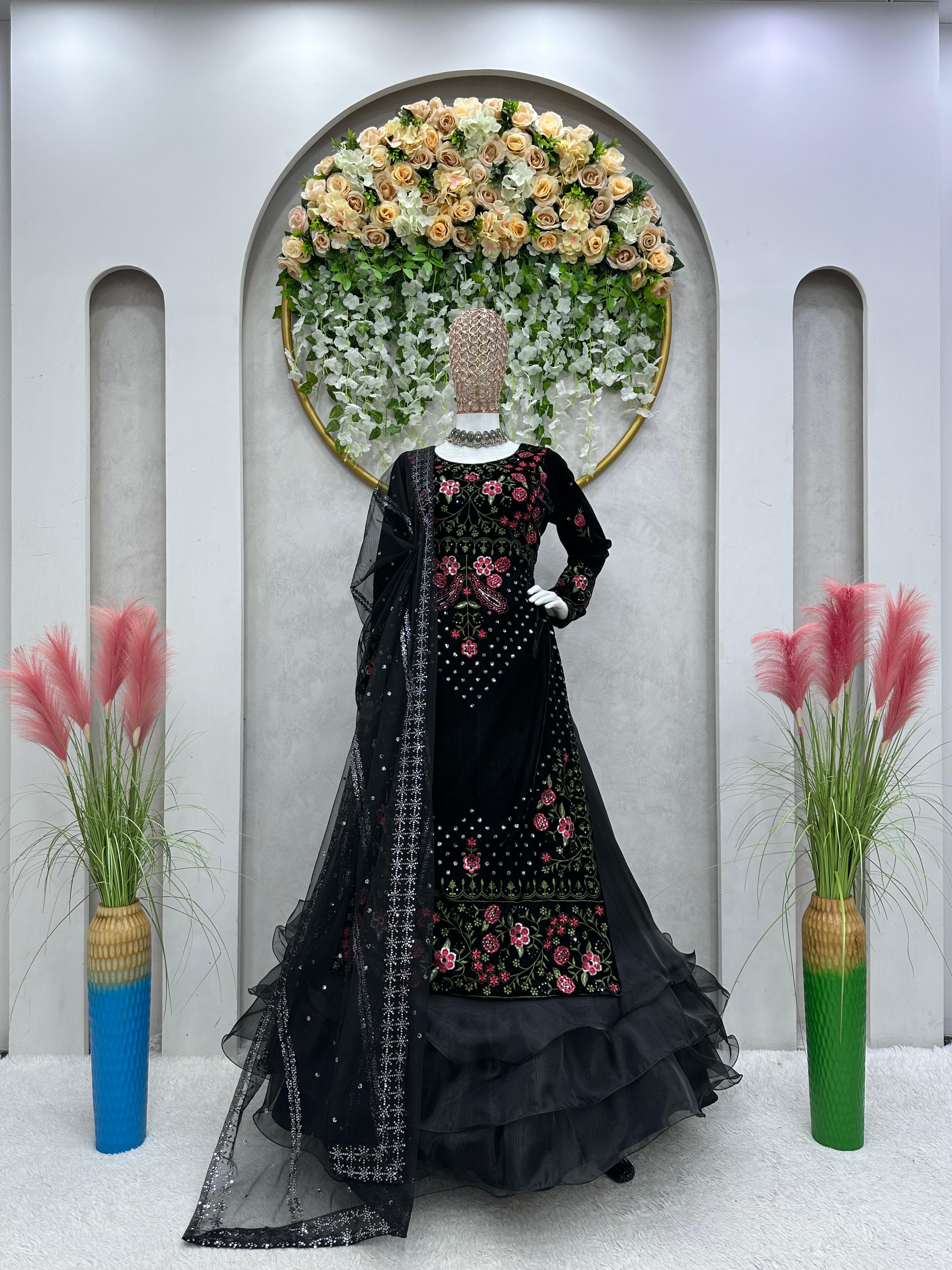 Unique Heavy Viscos Velvet Thread Sequence Work Gown
