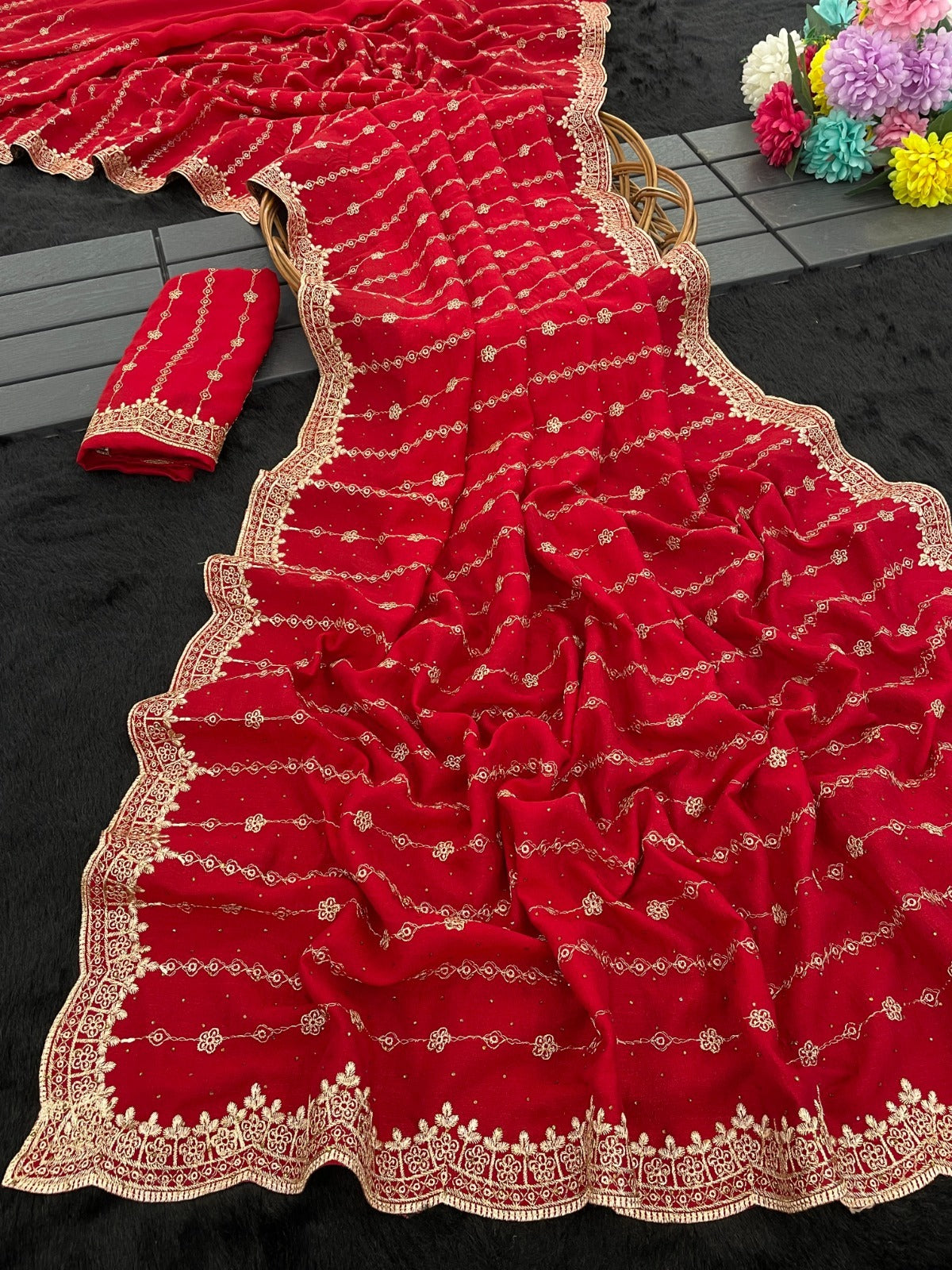 Beautiful Blooming Vichitra Silk Zari & Stone Work Saree