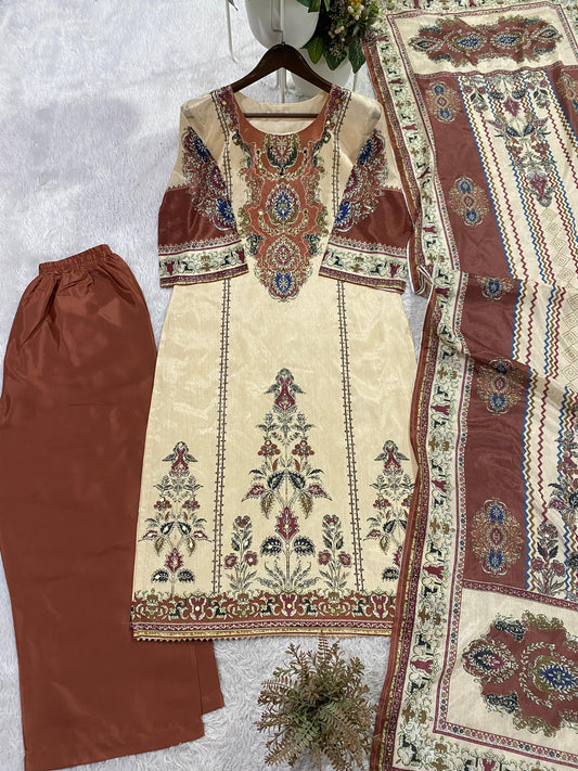 Beautiful Chinon Silk Mirror Work Printed Suit