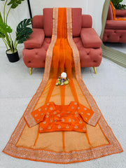 Party-wear Organza Thread & Sequence With Diamond Work Saree