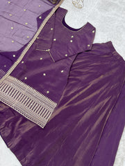 Elegant Wine Purple Chanderi Silk Embroidery Kurta Lehenga Set With  Dupatta