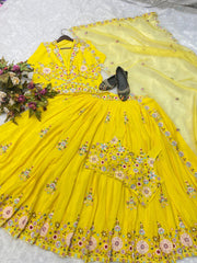 Beautiful Chinon Silk Multi Thread Sequence Embroidery Work Lehenga With Koti