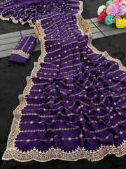 Party-wear Blooming Vichitra Silk Zari & Stone Work Saree