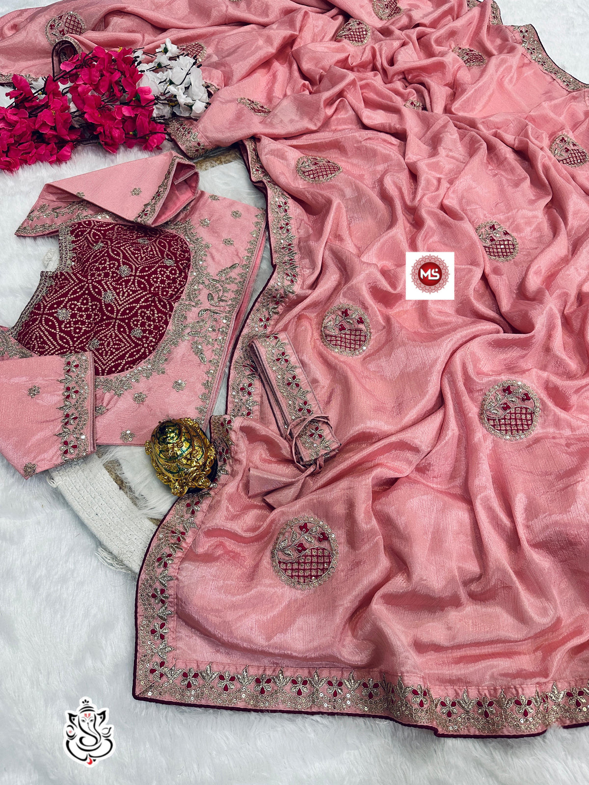 Party-wear Chinon Silk Blouse Full Stitched Koti Style Saree
