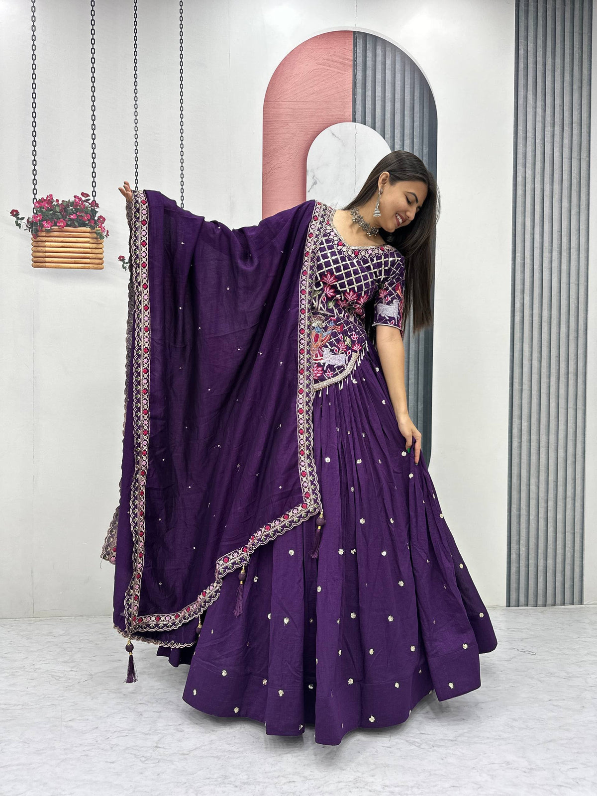 Wedding Wear Vichitra Silk Embroidery Thread & Sequence Work Lehenga With Stitched Blouse