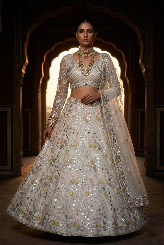Party-wear Butterfly Net Real Mirror Embroidery Sequence Work Lehenga Choli