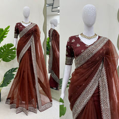 Party-wear Organza Thread & Sequence With Diamond Work Saree