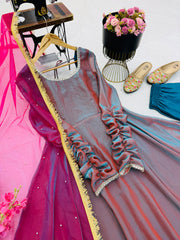 Party-wear Fendy Silk Gown Pant & Dupatta Set