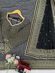 Beautiful Black Tibby Silk Sequence With Thread Work Saree