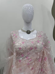 Beautiful Baby Pink Soft Net Thread Sequence work Saree With Dupatta