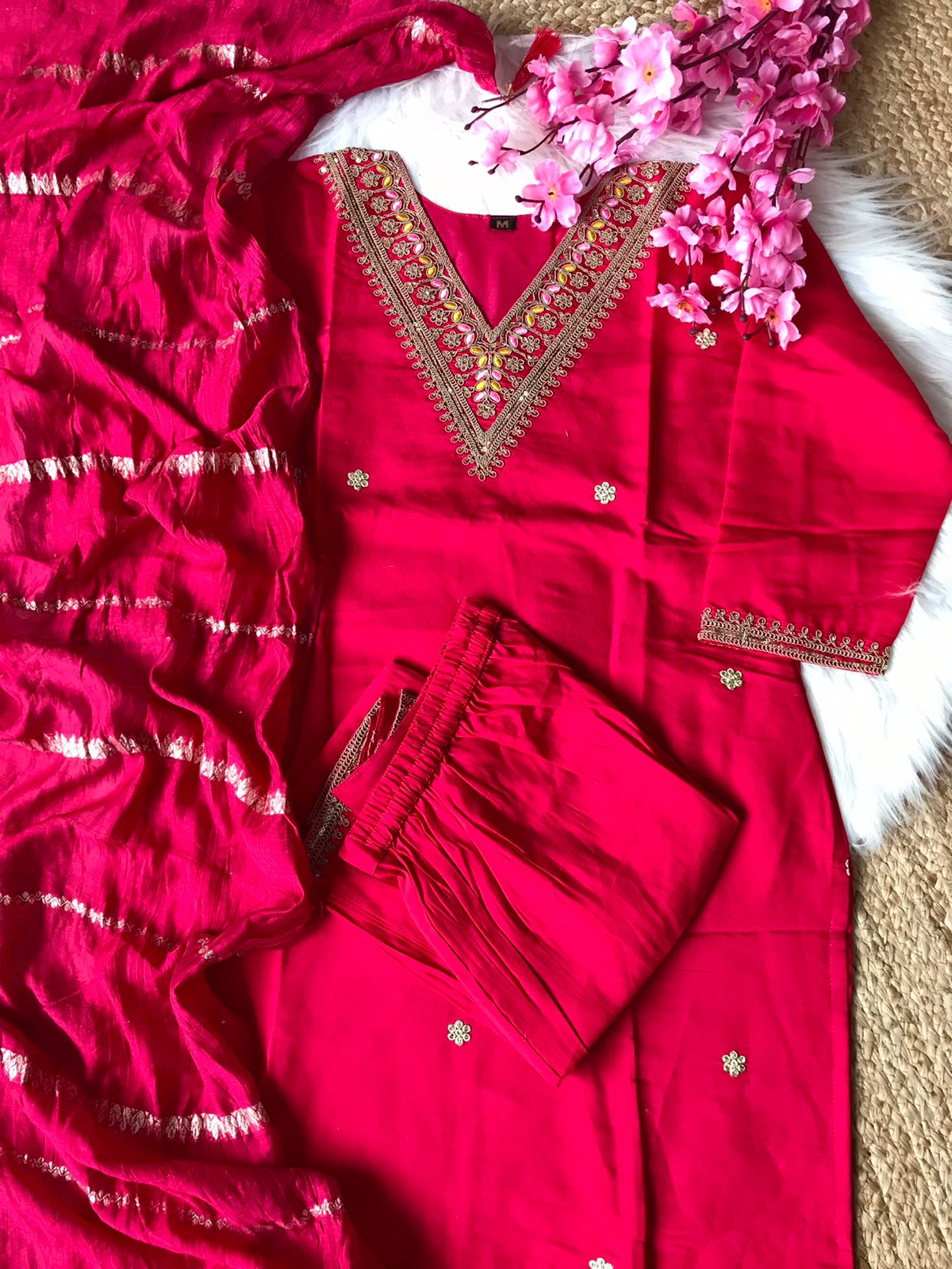 Pink Embroidered Roman Silk Work Salwar Suit