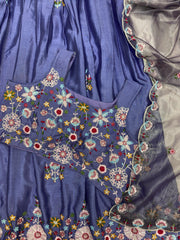 Beautiful Chinon Silk Multi Thread Sequence Embroidery Work Lehenga With Koti