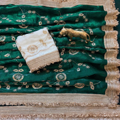 Designer Pure Space Silk Gold Beeds Work Saree