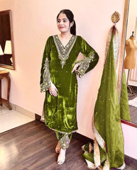 Designer Party-wear Pure Viscose Velvet With Embroidery Sequence Work Dress