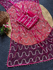 Party-wear Soft Net Real Beads With Moti Work Saree