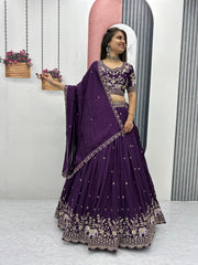 Festival Special Vichitra Silk Embroidery Thread & Sequence Work Lehenga With Stitched Blouse