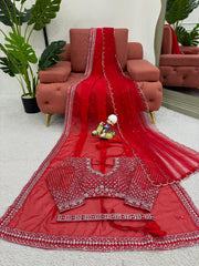Elegance Redefined Red Tibby Silk Thread & Sequence Work With Pearl Work Saree