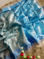 Elegant Sky Blue Banarasi Tissue Silk Zari Checks Saree