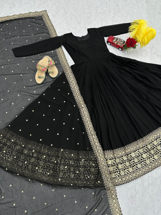 Beautiful Black Embroidery Sequence Work Gown