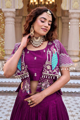 Festival Special Vichitra Silk Embroidery Thread Work Lehenga Choli With Koti
