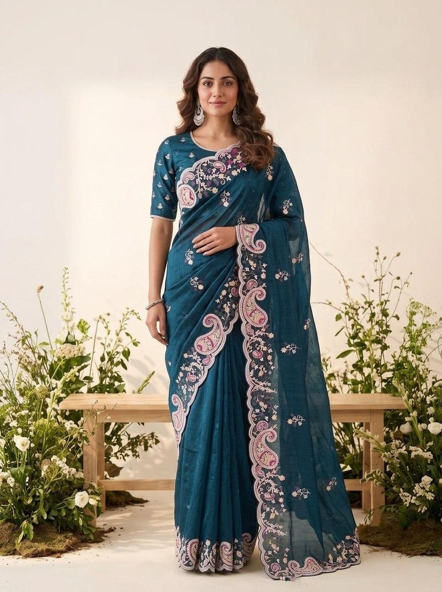 Beautiful Space Silk Embroidery With Cutwork Border Saree