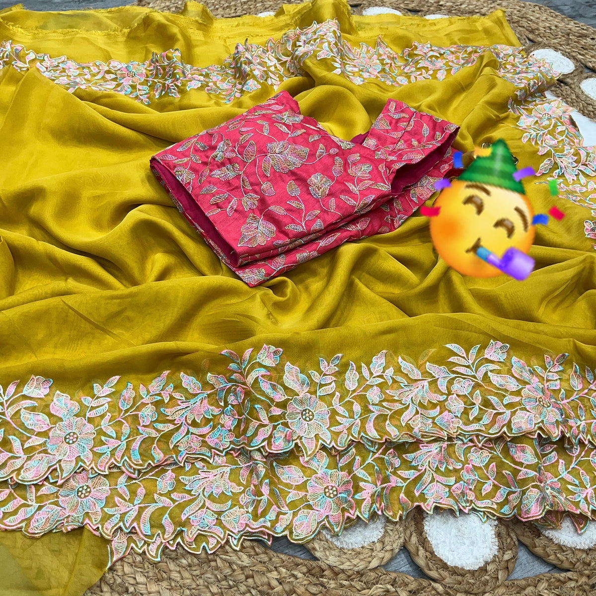 Party-wear Soft Tubby Organza Multi Thread Embroidery Work Saree